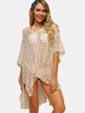 Wholesale Beige Deep V-Neck Tassel Hollow Lace-Up Slit Hem Beachwear